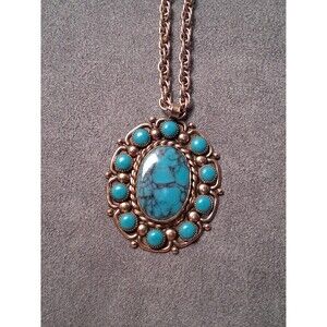 Vintage Bell Nickel Silver Necklace Faux Turquoise Pendant
